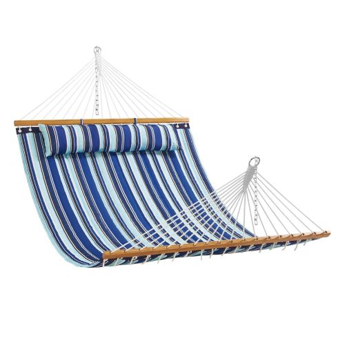 Double Quilted Fabric Hammock 12 FT Double Hammock with Hardwood Spreader Bar 2 Person Quilted Hammock with Detachable Pillow and Chains for Camp